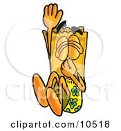 Yellow Admission Ticket Mascot Cartoon Character Plugging His Nose While Jumping Into Water