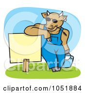 Poster, Art Print Of Cow Wearing Shades And Leaning On A Blank Sign With A Pail Of Milk