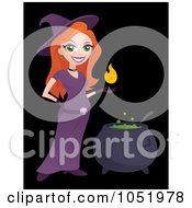 Royalty Free Vector Clip Art Illustration Of A Witch With A Floating Flame Over A Cauldron