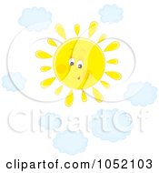 Poster, Art Print Of Happy Sun Shining In A Sky With Puffy Blue Clouds