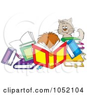 Poster, Art Print Of Cat Watching A Boy Reading Tons Of Books