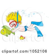 Royalty Free Vector Clip Art Illustration Of A Snorkeling Boy Holding Onto A Fish