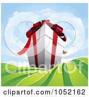 Poster, Art Print Of Gigantic Gift Box Towering Over Green Fields