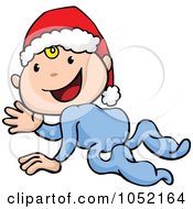 Poster, Art Print Of Crawling Cartoon Baby Wearing A Santa Hat And Waving