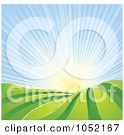 Royalty Free Vector Clip Art Illustration Of The Sun Shining Over Green Hilly Farm Fields by AtStockIllustration