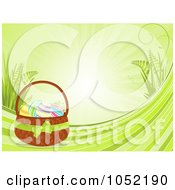 Royalty Free Vector Clip Art Illustration Of A Green Easter Background Of Waves And Plants With A Basket Of Eggs by elaineitalia
