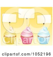 Royalty-Free 3d Vector Clip Art Illustration of Three 3d Easter Cupcakes With Blank Labels Over Yellow by elaineitalia #COLLC1052196-0046
