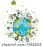 Doodled St Patricks Kids With Clovers On A Globe
