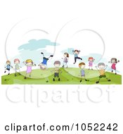 Poster, Art Print Of Doodled Children Playing On A Hill Outdoors
