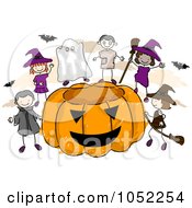 Poster, Art Print Of Doodled Halloween Kids With A Giant Pumpkin