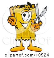 Clipart Picture Of A Yellow Admission Ticket Mascot Cartoon Character Holding A Pair Of Scissors