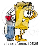 Yellow Admission Ticket Mascot Cartoon Character Swinging His Golf Club While Golfing