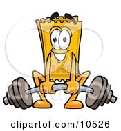 Poster, Art Print Of Yellow Admission Ticket Mascot Cartoon Character Lifting A Heavy Barbell