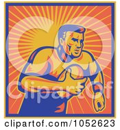 Royalty Free Vector Clip Art Illustration Of A Retro Rugby Football Man Against Orange Rays