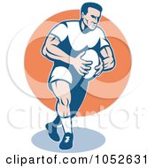 Royalty Free Vector Clip Art Illustration Of A Rugby Football Man Over An Orange Circle