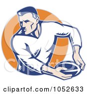 Royalty Free Vector Clip Art Illustration Of A Rugby Football Man Against An Orange Circle