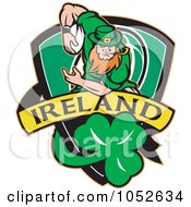 Royalty Free Vector Clip Art Illustration Of A Rugby Leprechaun Over A Green Shield