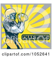 Royalty Free Vector Clip Art Illustration Of An American Football Player With Champions Text Against Yellow And Gray Rays