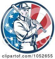 Royalty Free Vector Clip Art Illustration Of A Baseball Player Batting Over An American Flag Circle