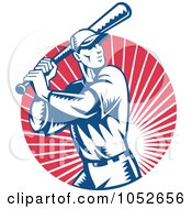 Royalty Free Vector Clip Art Illustration Of A Baseball Player Batting Over A Red Ray Circle