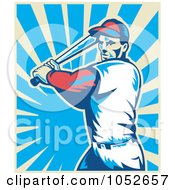 Royalty Free Vector Clip Art Illustration Of A Baseball Player Batting Over Blue And Beige Rays