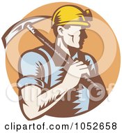 Retro Coal Miner Carrying A Pickaxe Over A Brown Circle
