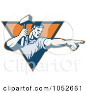 Poster, Art Print Of Retro Worker Man Holding A Hammer And Pointing Logo