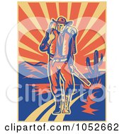 Poster, Art Print Of Retro Cowboy Walking With A Pack And Rifle In A Desert
