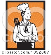 Royalty Free Vector Clip Art Illustration Of A Retro Chef Over Orange Rays