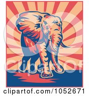 Royalty Free Vector Clip Art Illustration Of A Retro Elephant Walking Over Beige And Red Rays