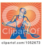 Retro Coal Miner Holding A Shovel Over Orange Rays