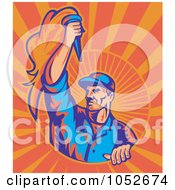 Poster, Art Print Of Retro Worker Holding A Torch On Orange Rays