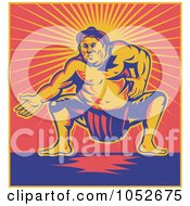 Royalty Free Vector Clip Art Illustration Of A Retro Sumo Wrestler Against Red And Yellow Rays by patrimonio