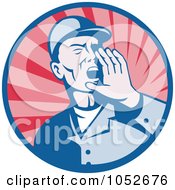 Royalty Free Vector Clip Art Illustration Of A Retro Worker Shouting Logo