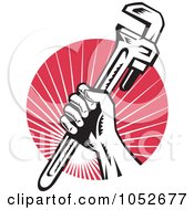 Royalty Free Vector Clip Art Illustration Of A Retro Plumber Hand Holding A Wrench Over Red Rays