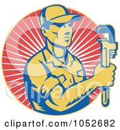 Royalty Free Vector Clip Art Illustration Of A Retro Plumber Over Red Rays Logo