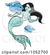 Poster, Art Print Of Black Haired Mermaid With Blue Fish