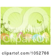 Royalty Free Vector Clip Art Illustration Of A Background With Rays Butterflies Easter Eggs And Plants