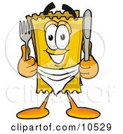 Yellow Admission Ticket Mascot Cartoon Character Holding A Knife And Fork