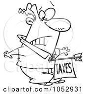 Poster, Art Print Of Cartoon Black And White Outline Design Of A Man Being Struck With A Taxes Arrow