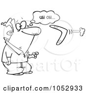 Cartoon Black And White Outline Design Of A Man Watching A Boomerang Reverse On Him