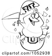 Royalty Free Vector Clip Art Illustration Of A Cartoon Black And White Outline Design Of A Freshmen Chick With A Flag In An Egg Shell by toonaday
