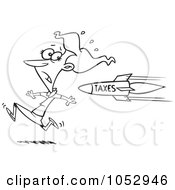 Royalty Free Vector Clip Art Illustration Of A Cartoon Black And White Outline Design Of A Business Woman Running From A Tax Rocket