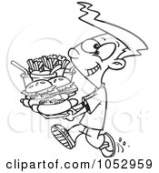 Royalty Free Vector Clip Art Illustration Of A Cartoon Black And White Outline Design Of A Boy Carrying A Heavy Fast Food Tray