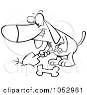 Poster, Art Print Of Cartoon Black And White Outline Design Of A Dog Digging A Deposit Hole For A Bone