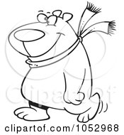 Royalty Free Vector Clip Art Illustration Of A Cartoon Black And White Outline Design Of A Happy Polar Bear Wearing A Scarf And Walking Upright