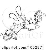 Poster, Art Print Of Cartoon Black And White Outline Design Of A Talented Easter Bunny With An Egg On A Unicycle