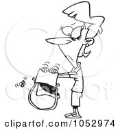 Royalty Free Vector Clip Art Illustration Of A Cartoon Black And White Outline Design Of A Woman Shaking Her Empty Purse