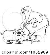 Royalty Free Vector Clip Art Illustration Of A Black And White Woman Pouring Dog Food Into A Dish Outline