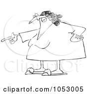 Royalty Free Vector Clip Art Illustration Of A Black And White Pointing Angry Woman In Slippers And Curlers Outline